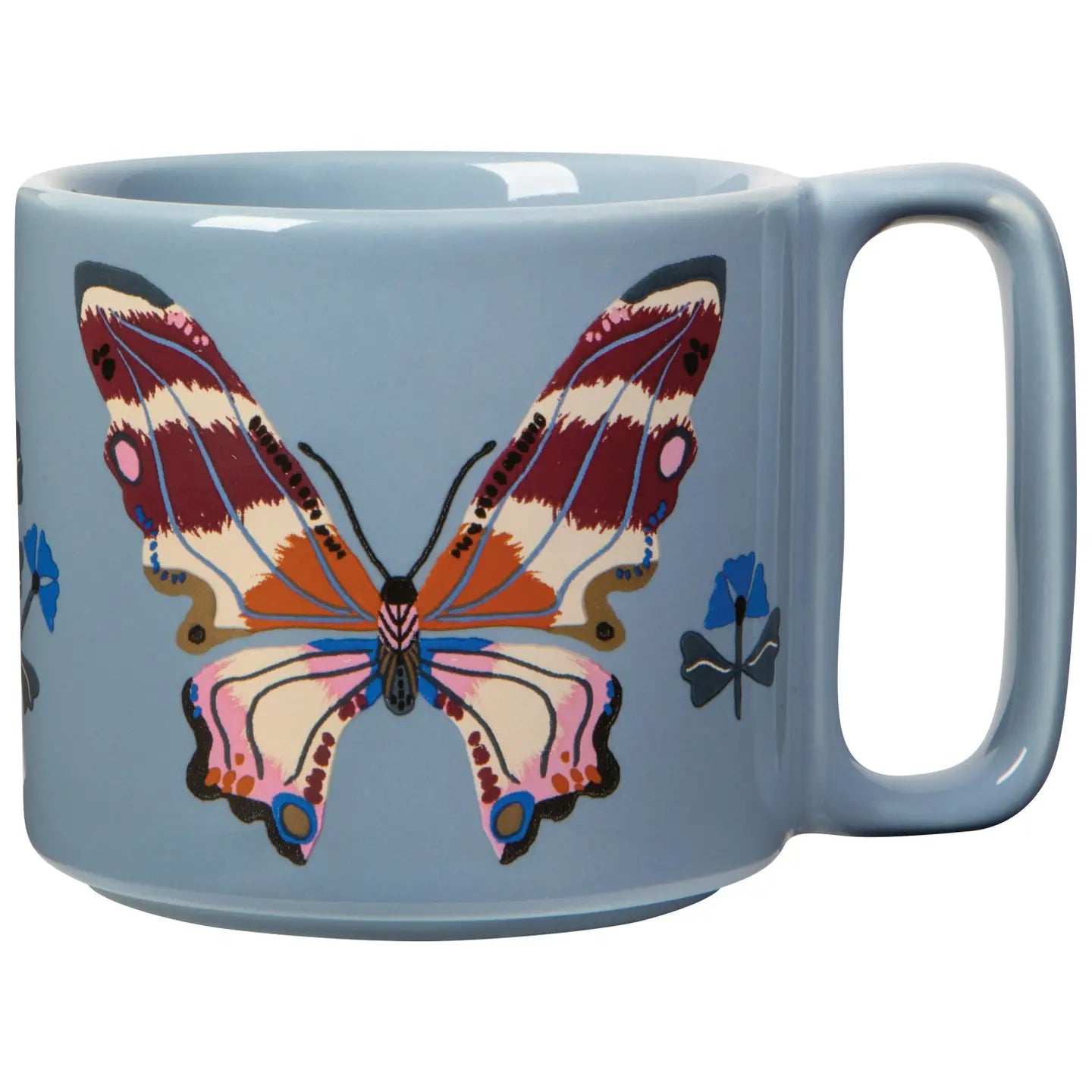 Blue mug with a colorful butterfly design on a white background