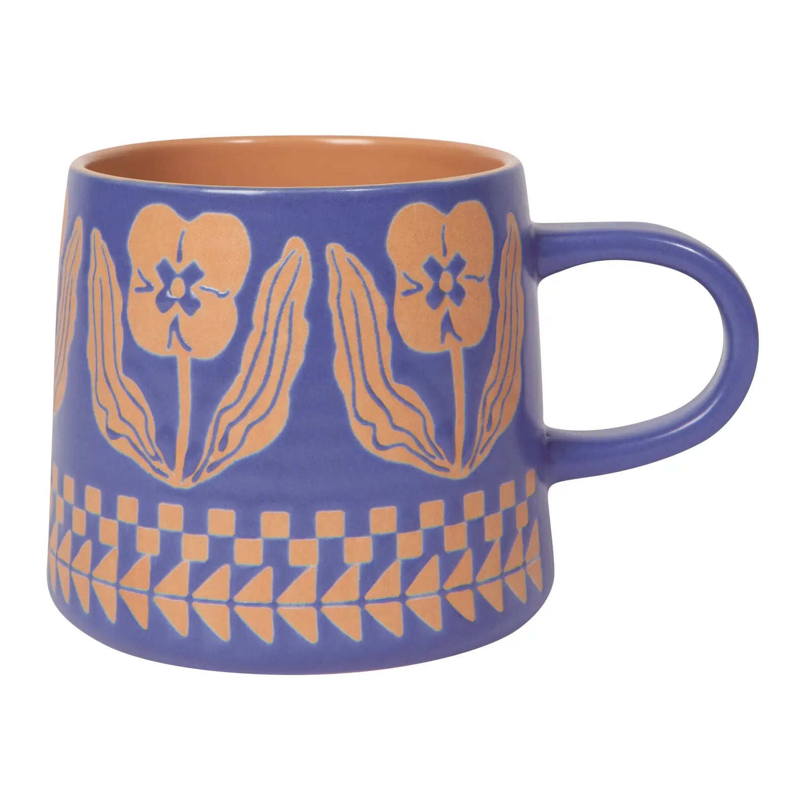 Blue mug with orange floral patterns on a white background