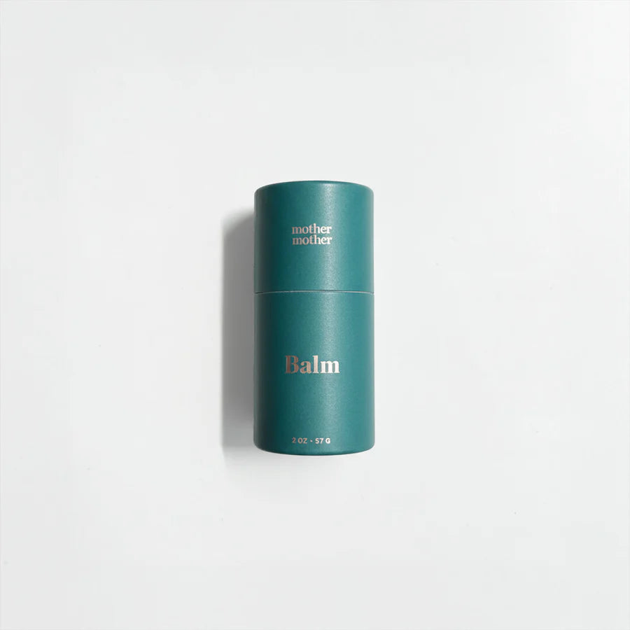 Teal cylindrical container with 'mother' and 'Balm' text on a white background
