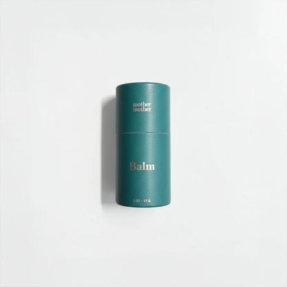 Teal cylindrical container with 'mother' and 'Balm' text on a white background