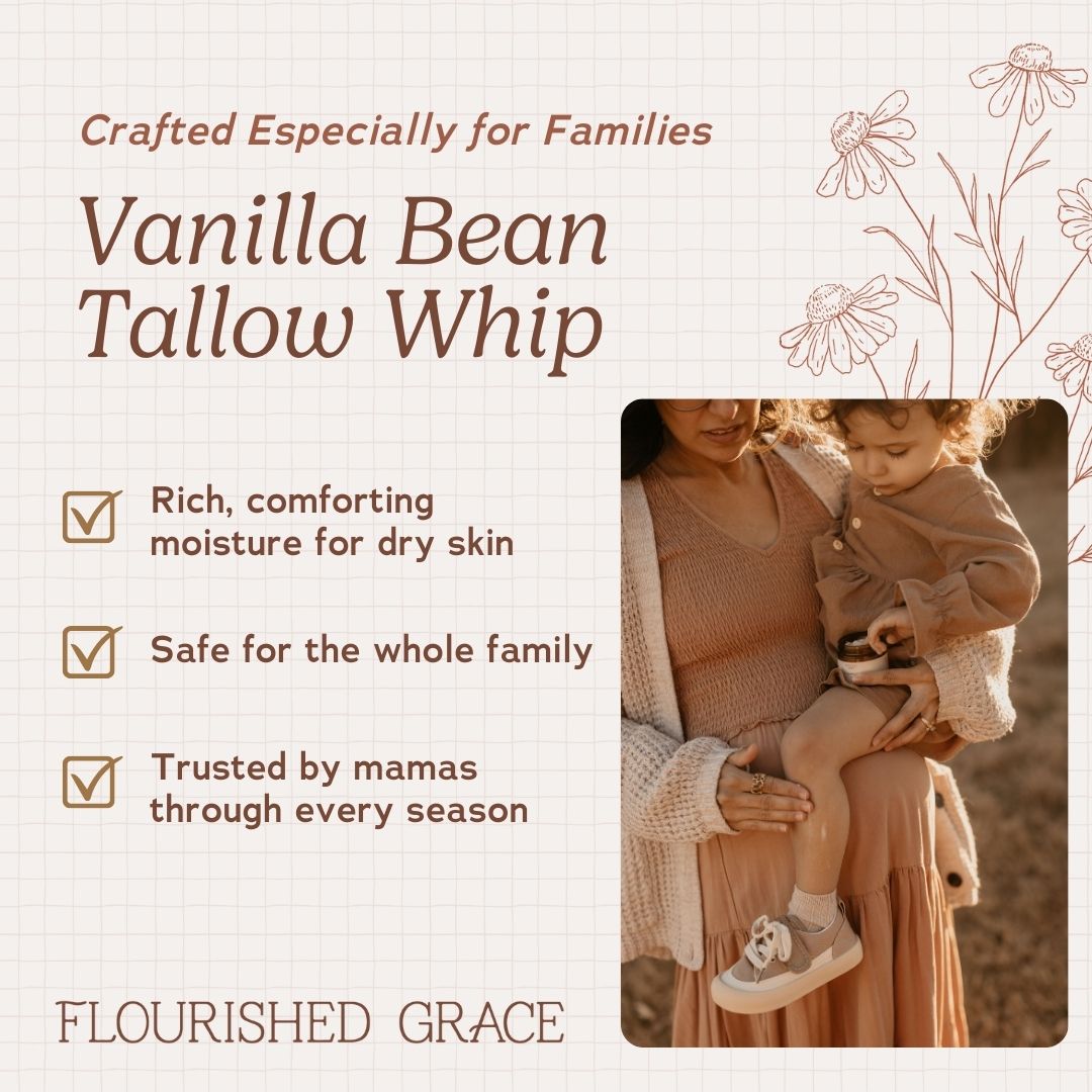 Product advertisement for 'Vanilla Bean Tallow Whip' with a mother and child, featuring text about the product's benefits.