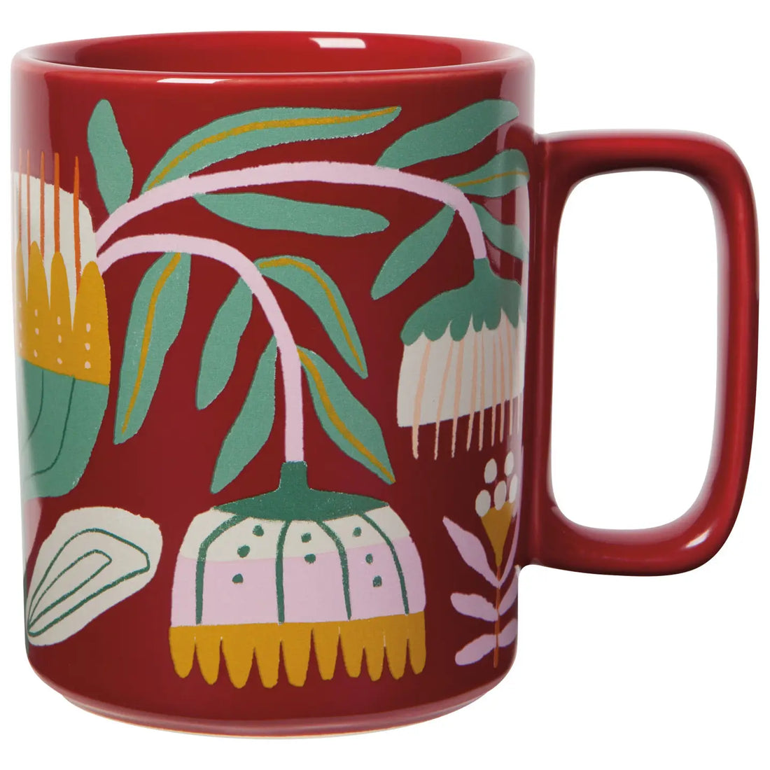 Red mug with floral pattern on a white background